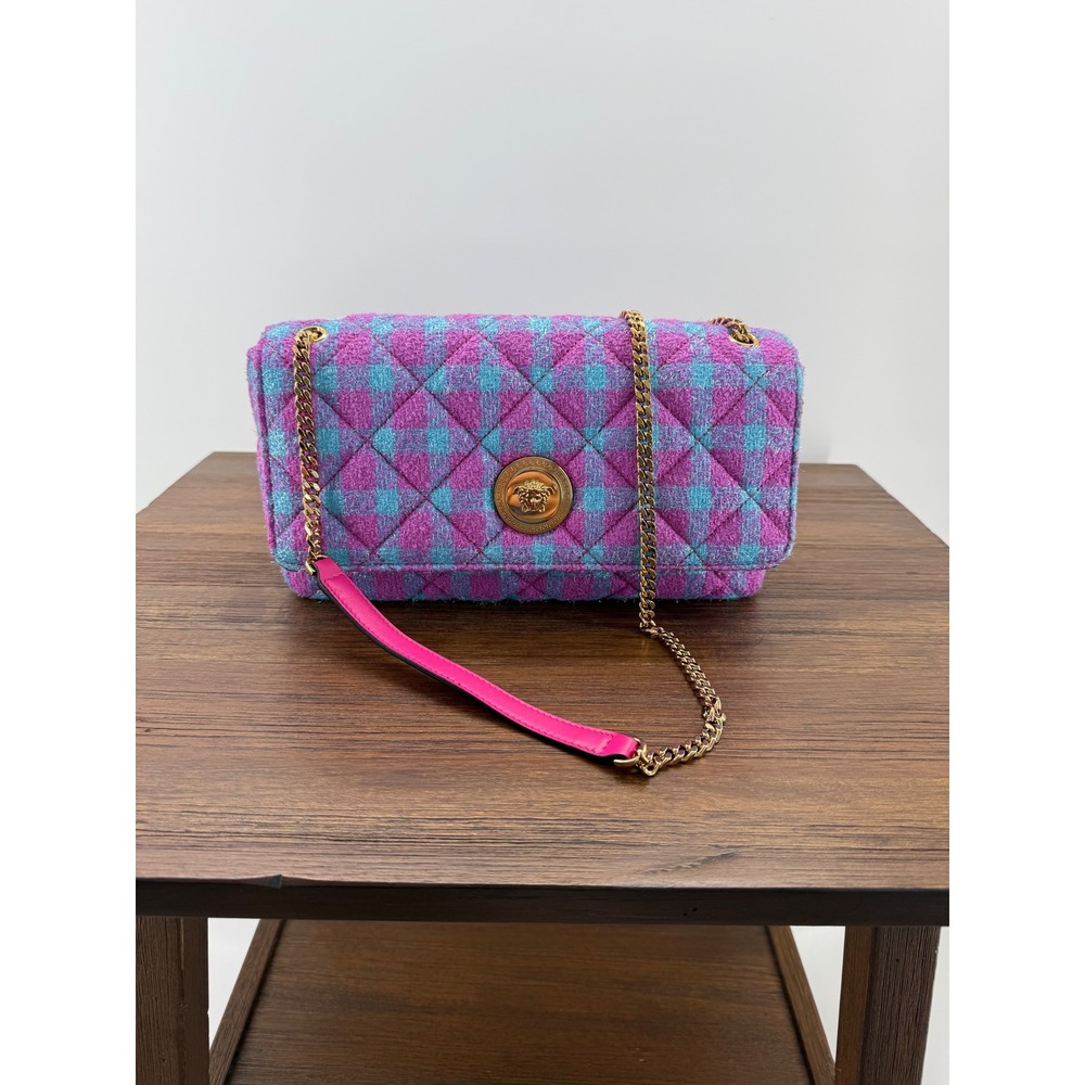 Versace Medusa Biggie Quilted Tweed Shoulder Bag Pink Blue Checkered Gold Chain